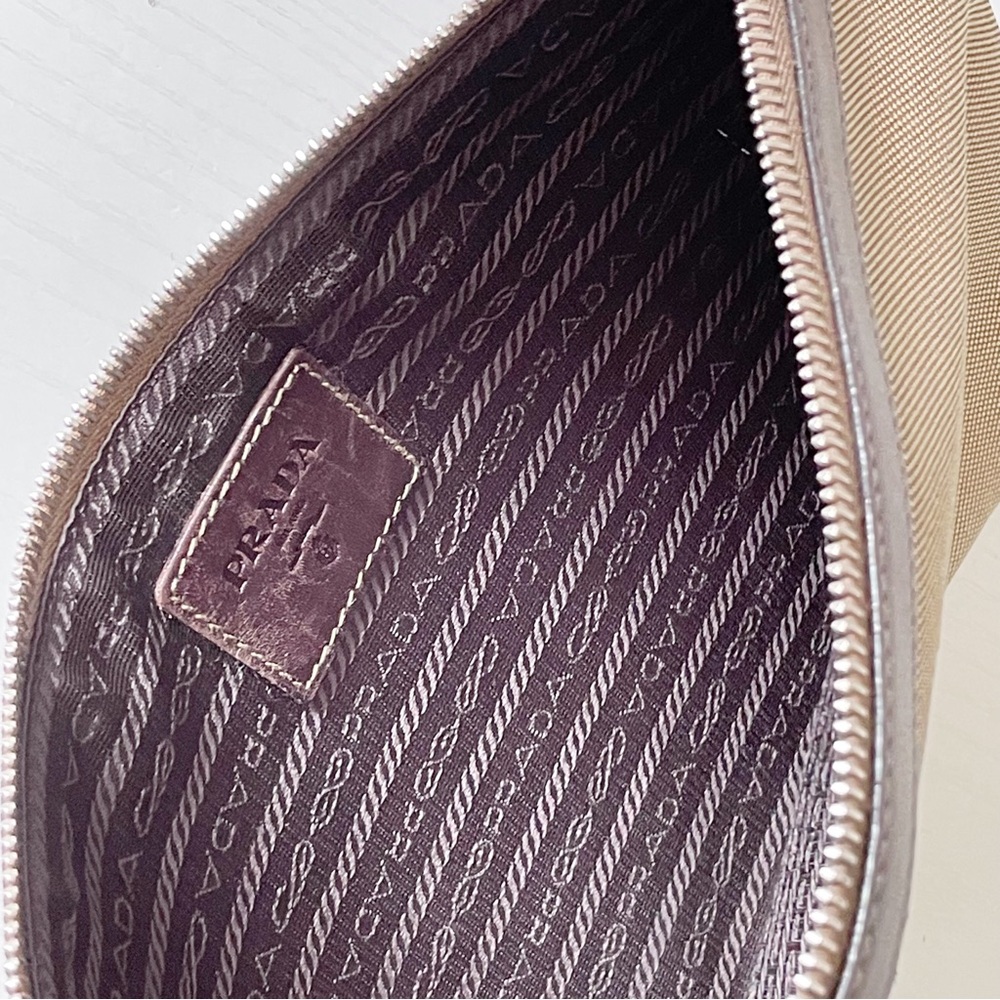 Prada rare brown Canapa canvas embroidered logo brown leather zip pouch - Picture 6 of 10